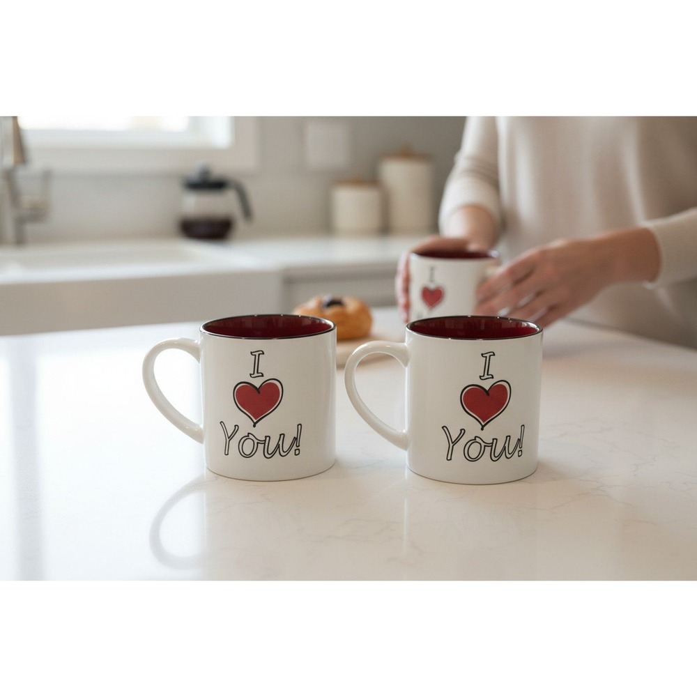 Spectrum Designz I Love You Mugs Set of 2 21oz White Red Brand New Heart Graphic